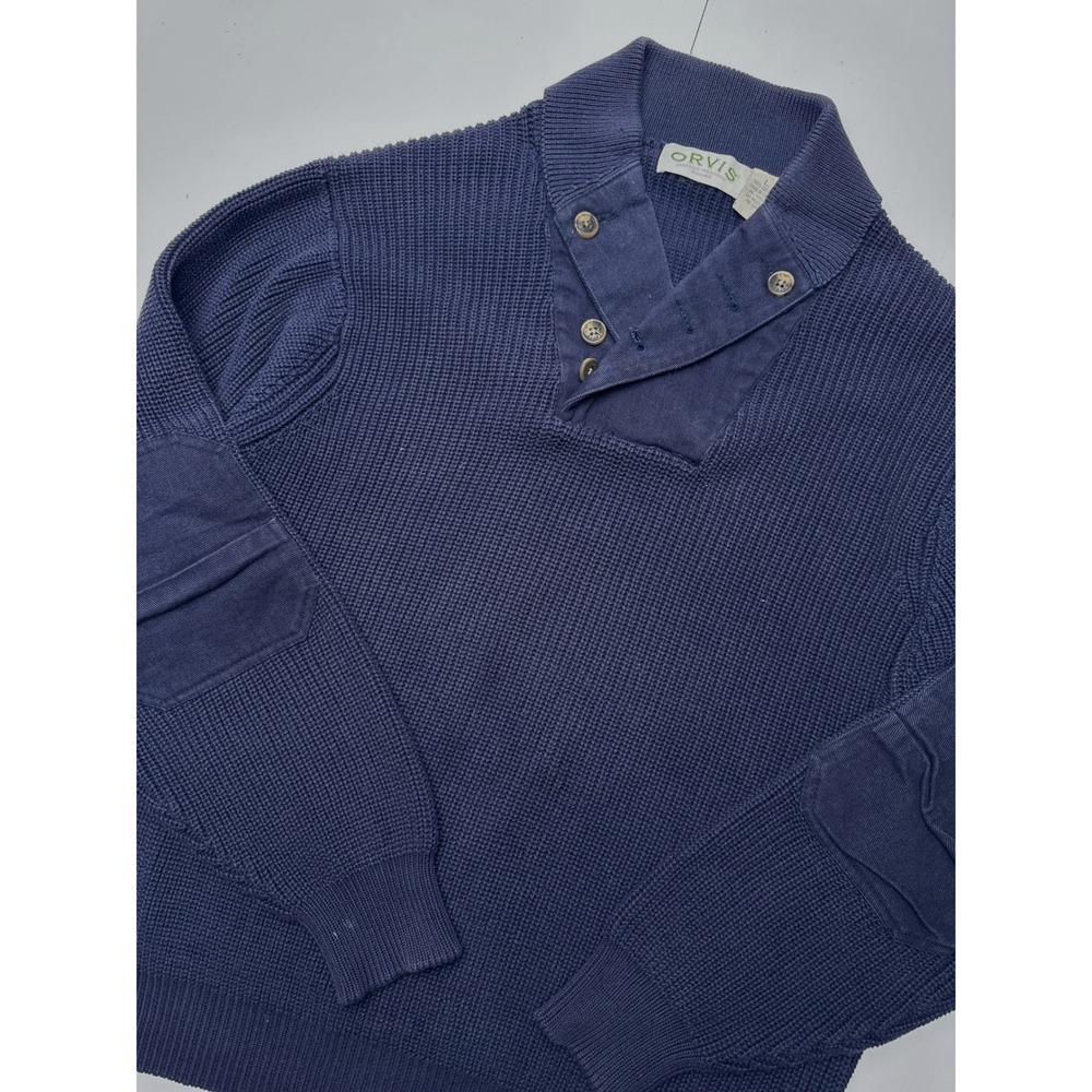 Orvis Mens Navy Blue Cotton Ribbed Knit Shawl Neck Sweater Elbow Patches Large